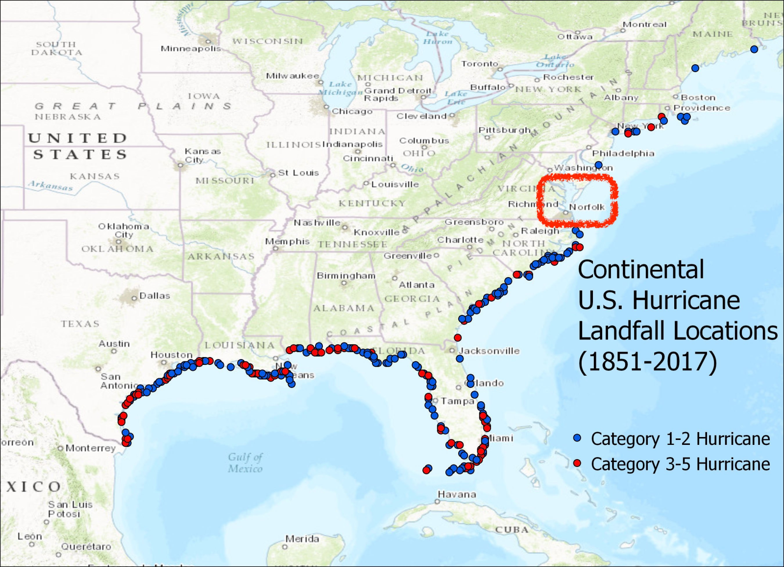 Where hurricanes have made landfall since 1851. Highlighted is Norfolk, Virginia. Map by Philip Klotzbach via Twitter