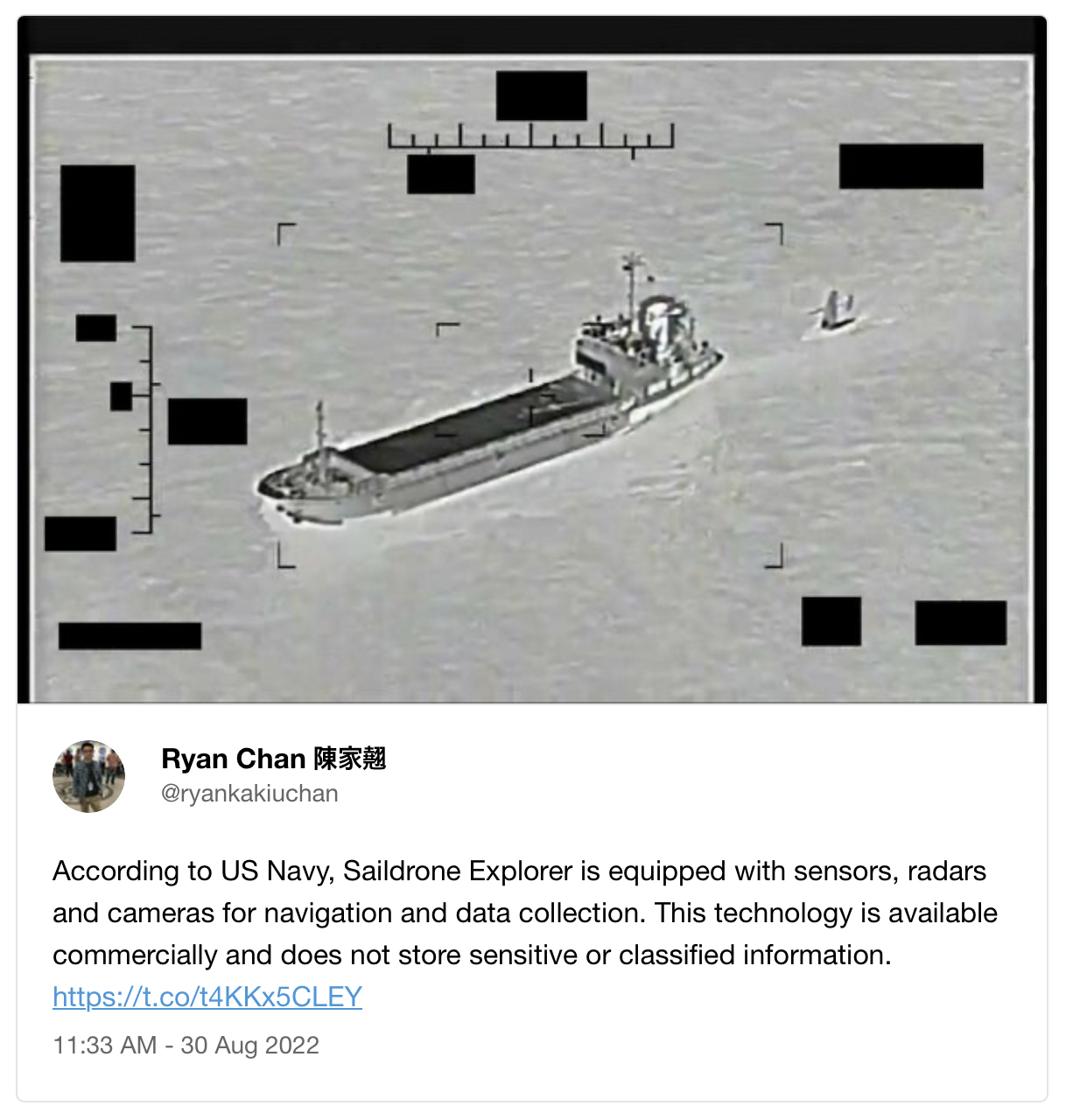 Tweet of a picture of the Iranians targeting a Saildrone autonomous ship.