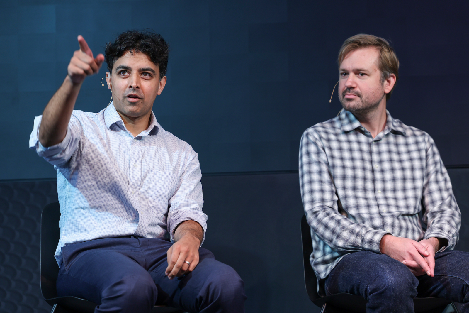 NYU’s Rahul Satija alongside Alex Rives of Evolutionary Scale. Photo by Ben Hider.